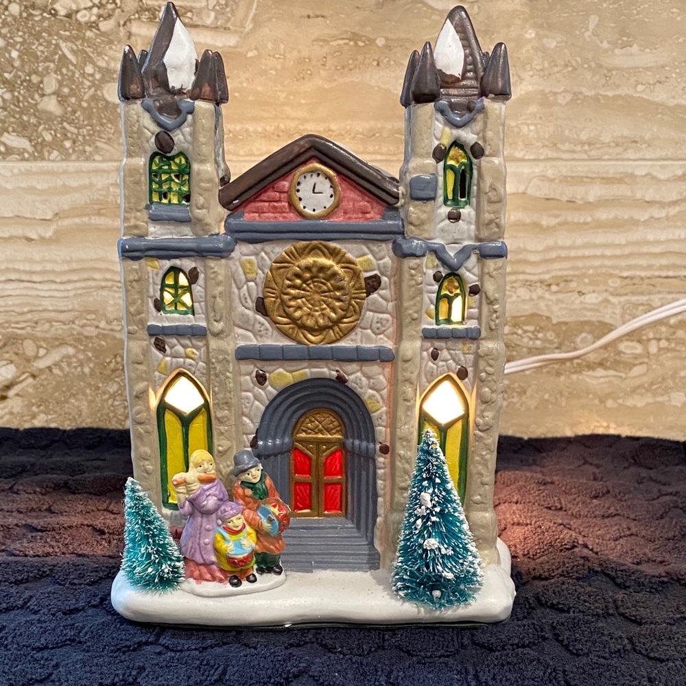 Charming Holiday Village Church with Lights